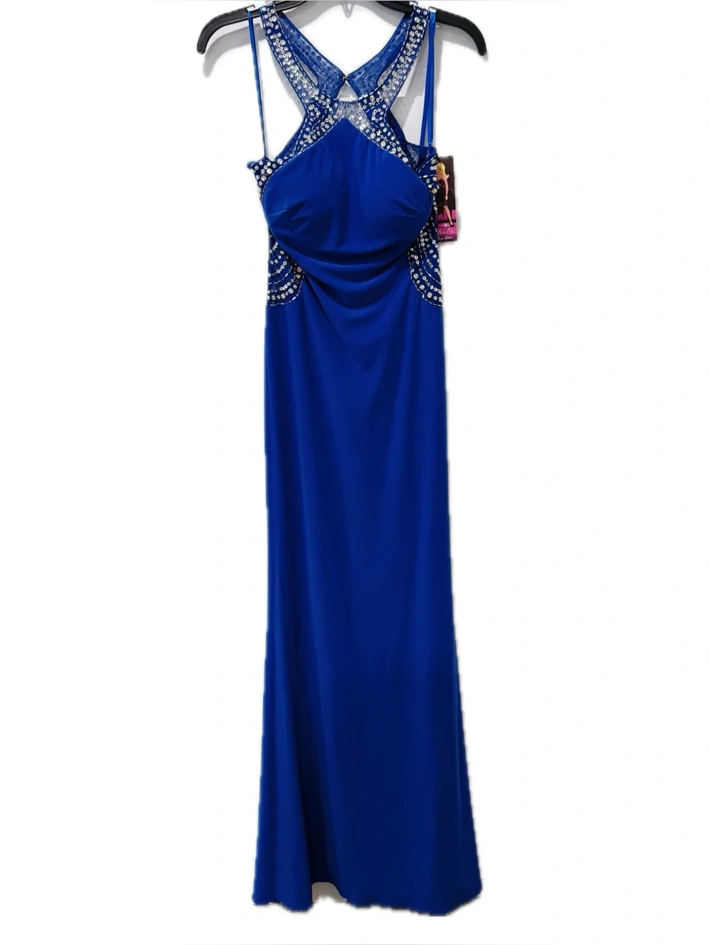 Blondie Nites High Neck Beaded Prom Gown in Royal Blue